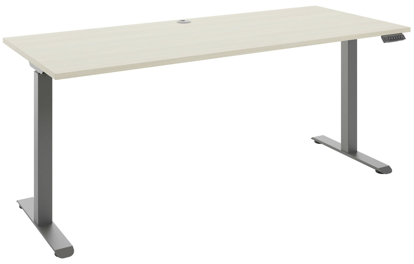 Moderner höhenverstellbarer E-Schreibtisch mit hellem Holzfurnier und grauen Metallbeinen, seitliche Perspektive