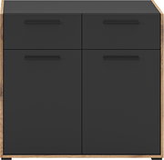 Schwarzer Sideboard-/Kommodenschrank mit vier Fronten und Griffleisten, Holzrahmen an den Seiten, Frontansicht