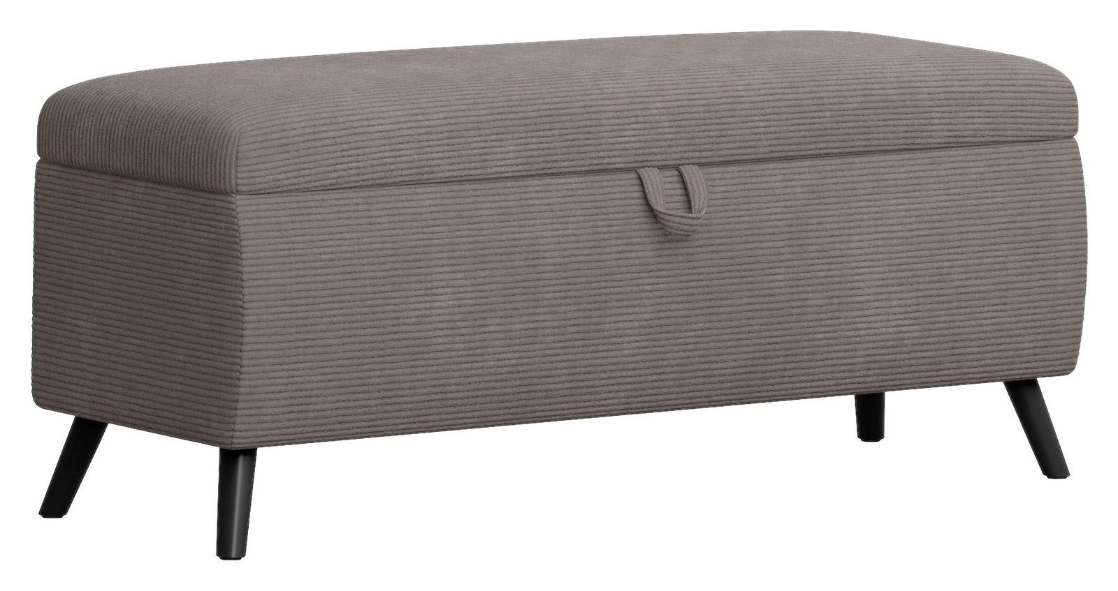 Graue Bettbank mit Stauraum, seitliche Perspektive