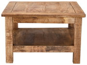 Rustikaler Couchtisch aus Holz mit rechteckiger Form und zusätzlicher Ablagefläche, Frontalansicht