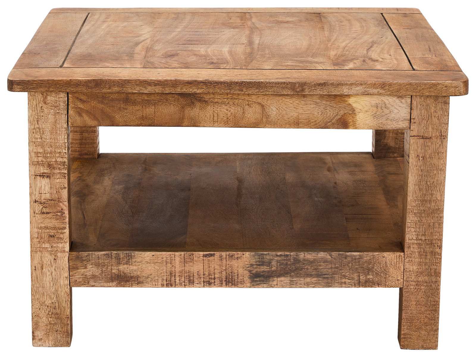 Rustikaler Couchtisch aus Holz mit rechteckiger Form und zusätzlicher Ablagefläche, Frontalansicht
