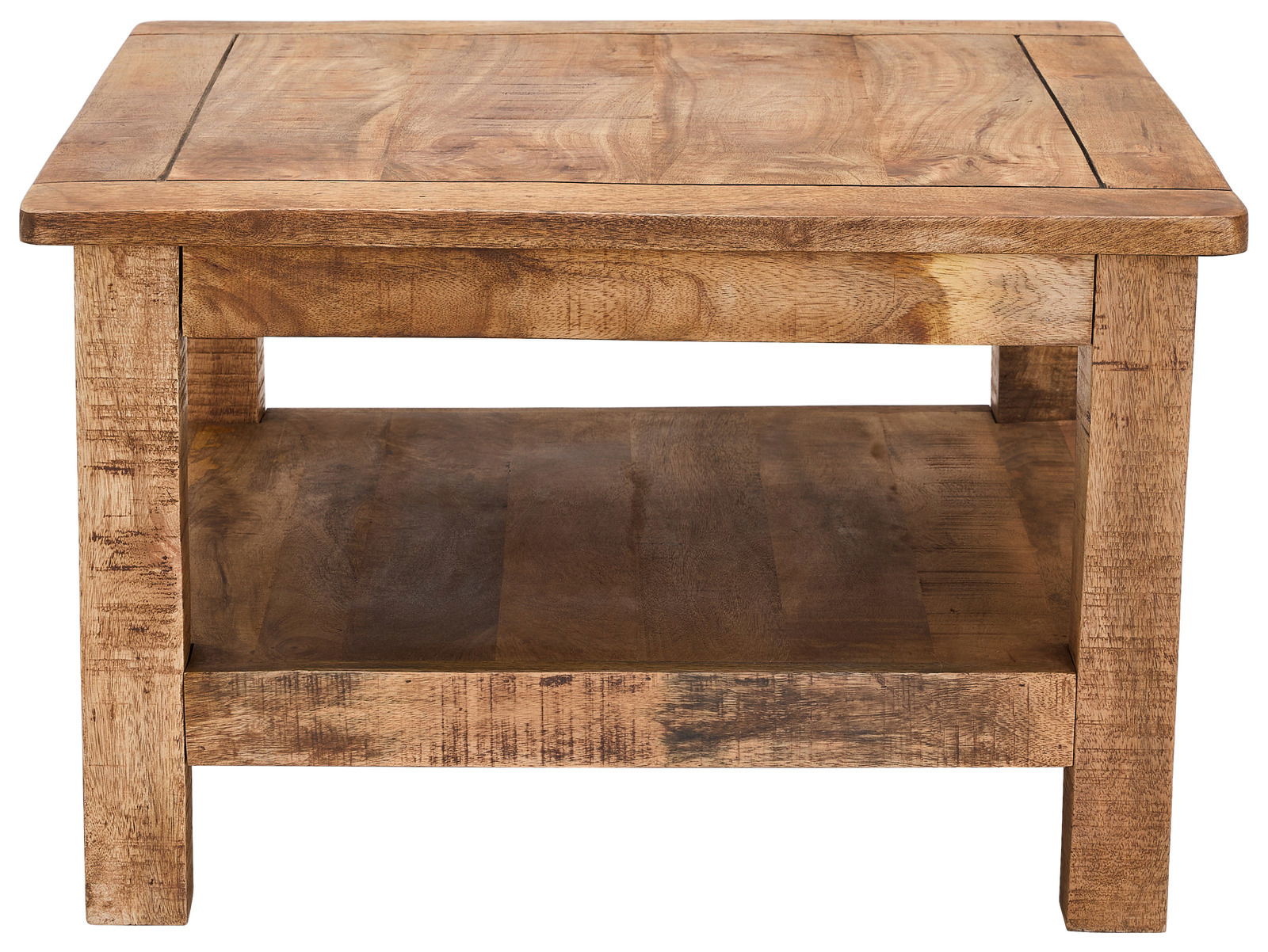 Rustikaler Couchtisch aus Holz mit rechteckiger Form und zusätzlicher Ablagefläche, Frontalansicht