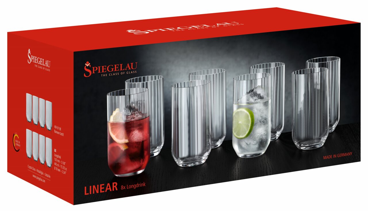 Verpackung eines Longdrink-Sets mit acht klaren Gläsern, teilweise gefüllt mit Getränken und Eis, seitliche Perspektive