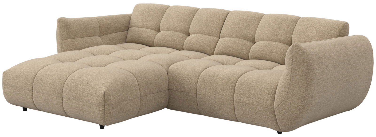 Beige Ecksofa mit abgerundeten Ecken und gepolsterten Sitzflächen, seitliche Perspektive