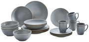 Kombiservice 20-teilig Cafe del in grauer Keramik, bestehend aus Tellern, Schalen und Tassen, aus seitlicher Perspektive fotografiert.