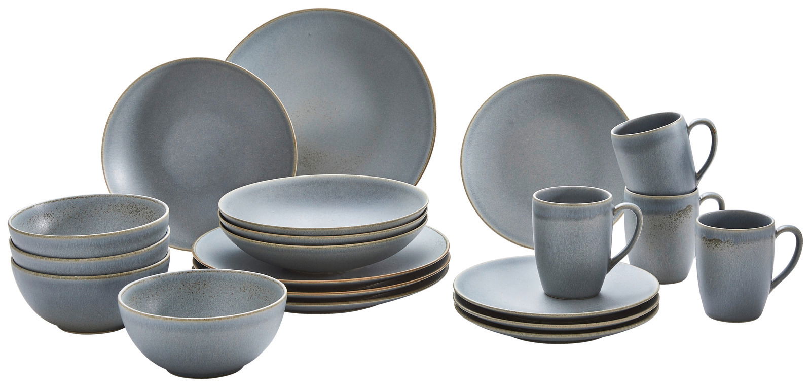Kombiservice 20-teilig Cafe del in grauer Keramik, bestehend aus Tellern, Schalen und Tassen, aus seitlicher Perspektive fotografiert.
