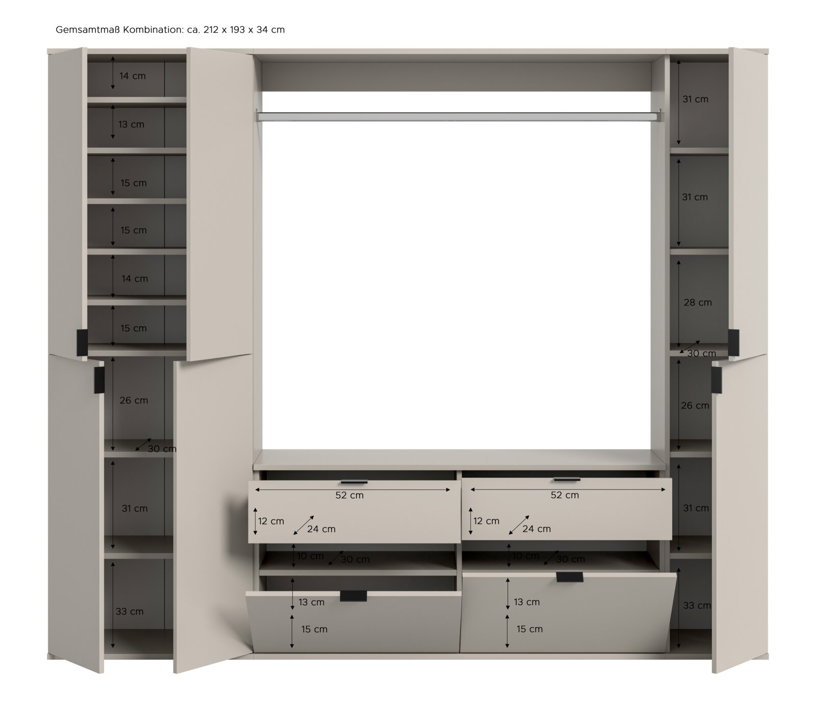Offener Kleiderschrank in Beige mit zwei Seitenschränken, Kleiderstange, mehreren Regalfächern und Schubladen, Maßangaben eingezeichnet, Frontansicht.