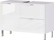Moderner weißer Unterschrank mit zwei Schubladen und einer Tür, Ansicht von vorne.