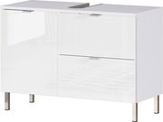 Moderner weißer Unterschrank mit zwei Schubladen und einer Tür, Ansicht von vorne.