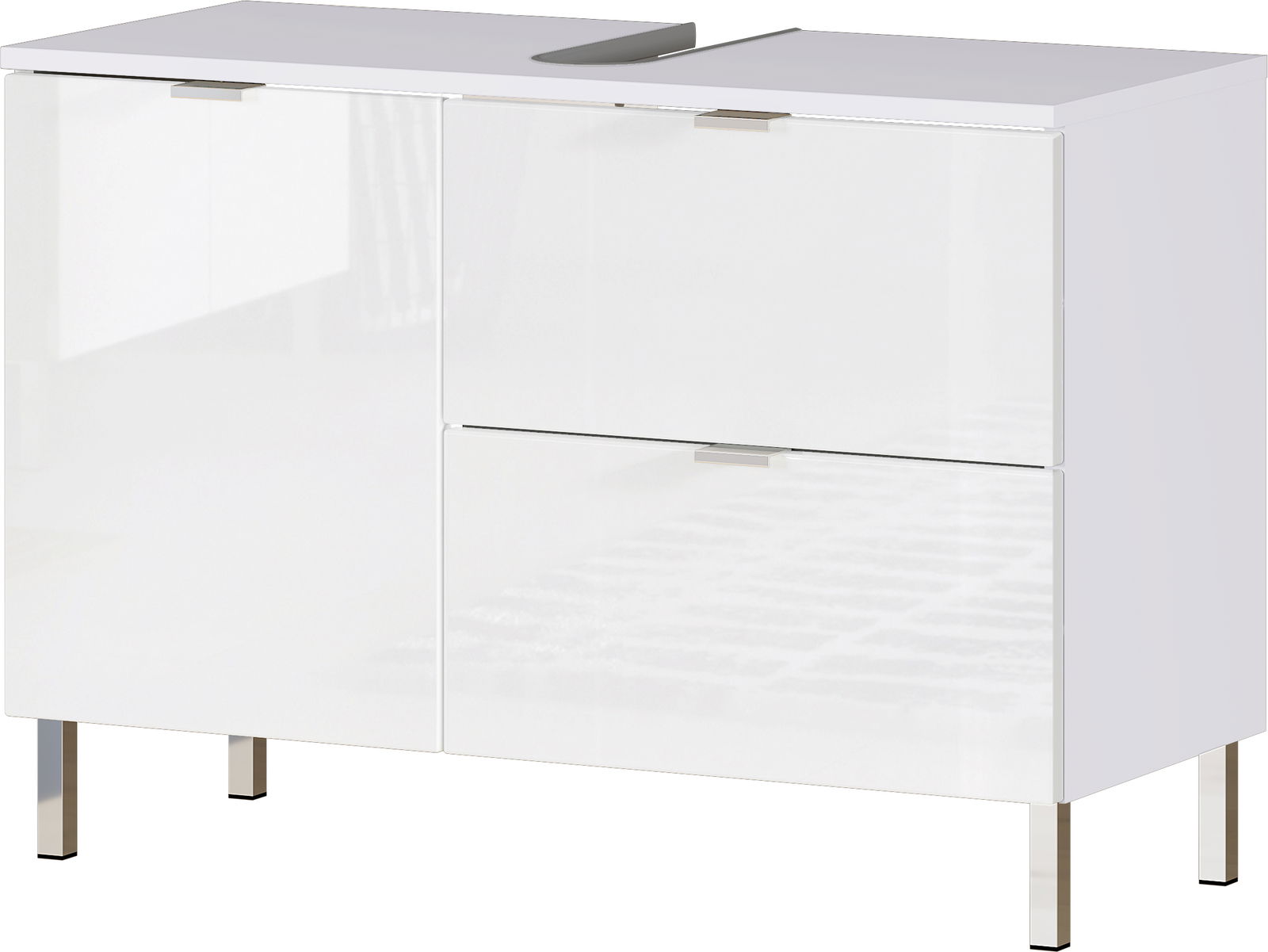 Moderner weißer Unterschrank mit zwei Schubladen und einer Tür, Ansicht von vorne.
