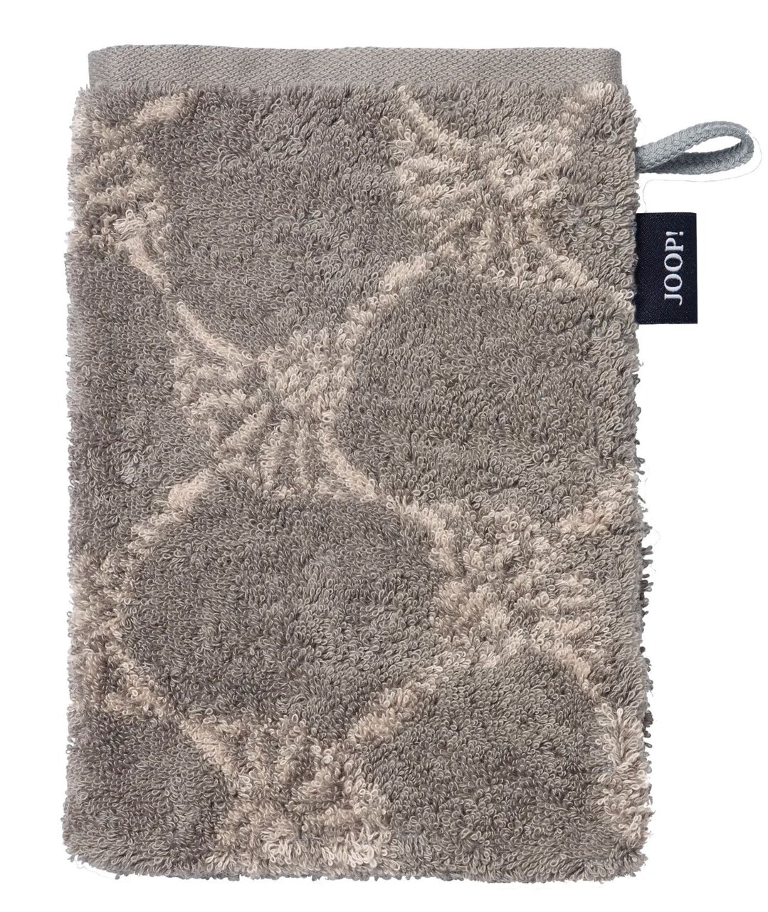 Grauer Waschhandschuh mit floralem Muster, von oben fotografiert, mit einer Schlaufe und einem Markenetikett an der Seite.