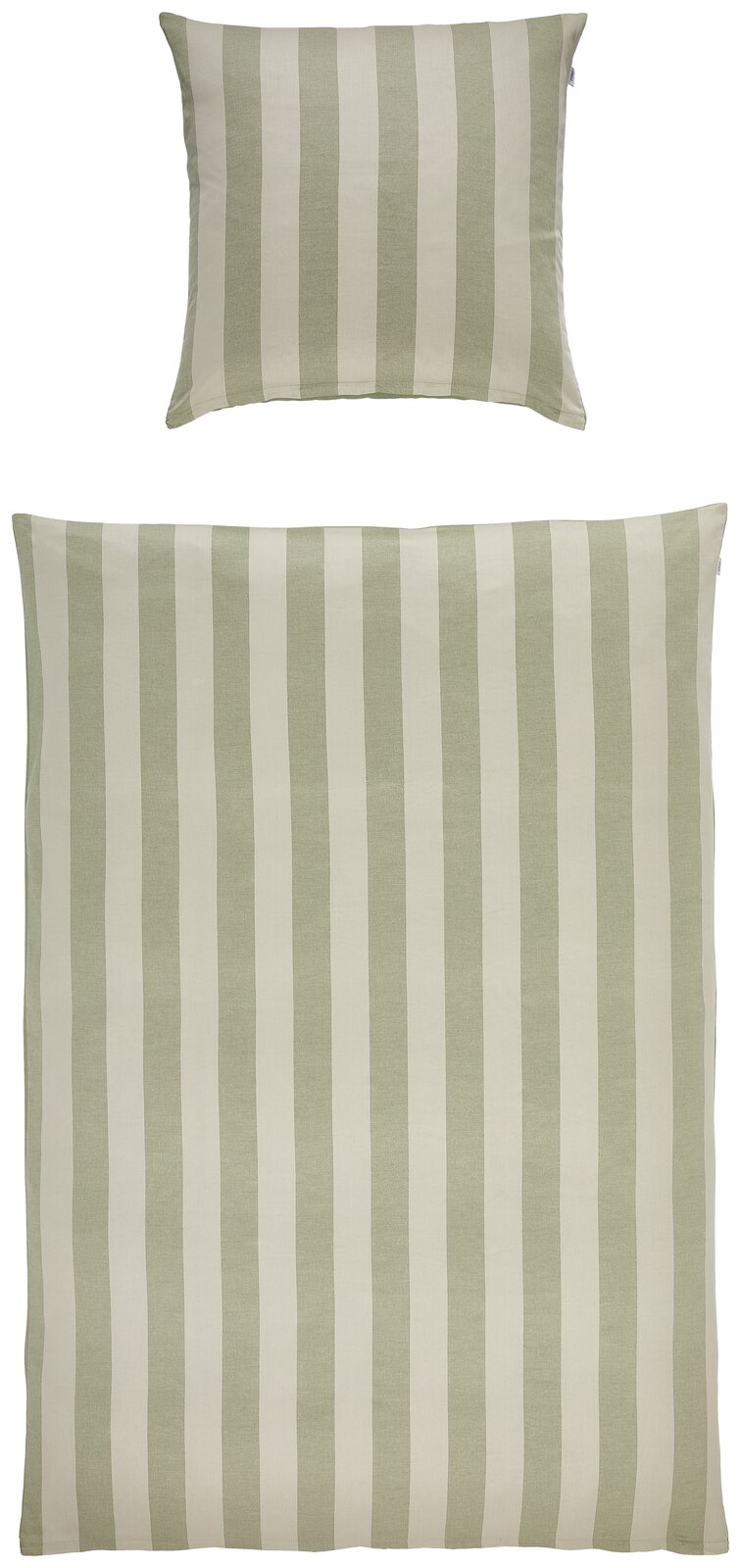 Grün-weiß gestreifte Bettwäsche mit Kissenbezug und Deckenbezug, Vorderansicht von oben (flach liegend)