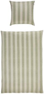 Grün-weiß gestreifte Bettwäsche mit Kissenbezug und Deckenbezug, Vorderansicht von oben (flach liegend)