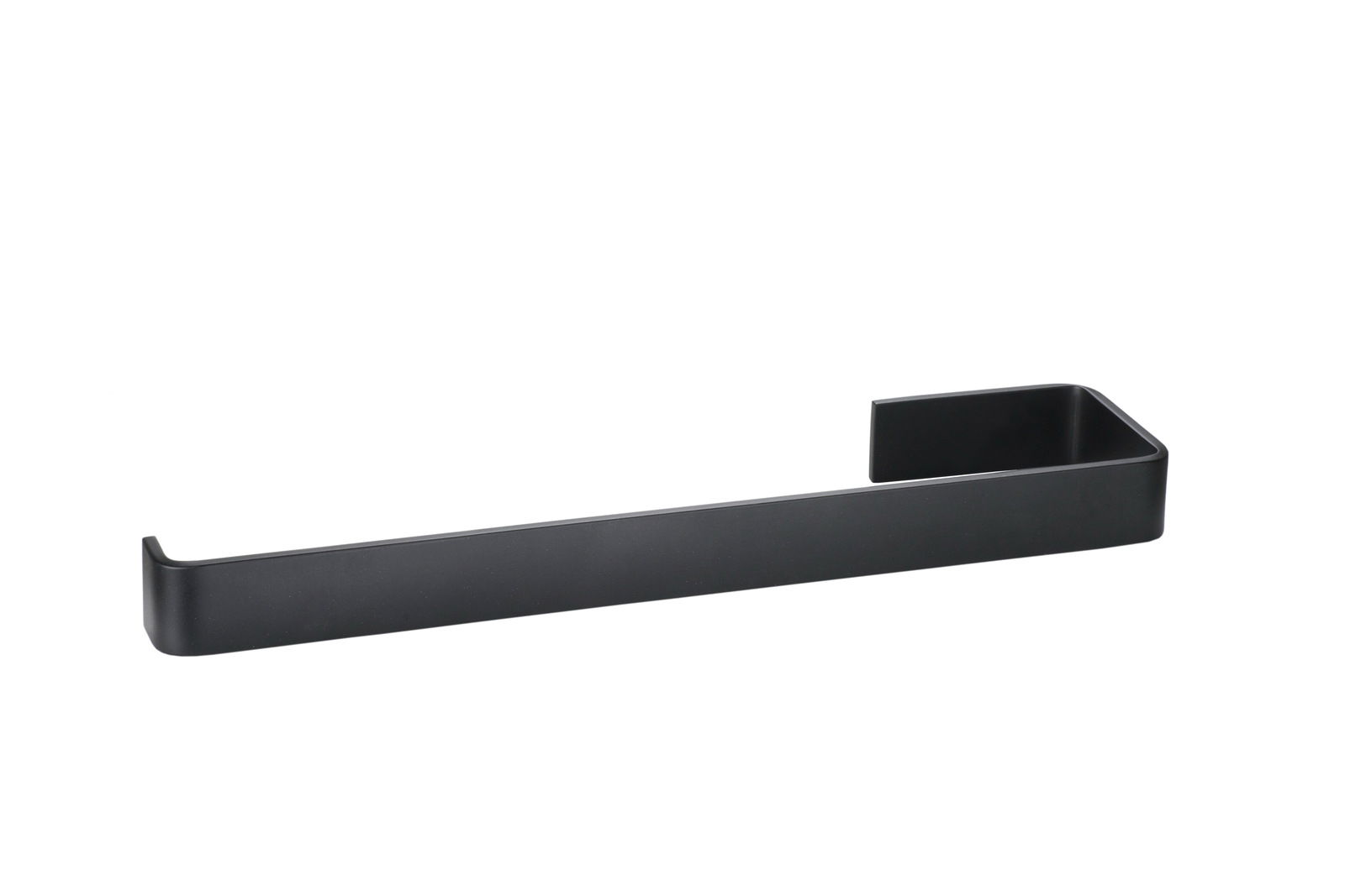 Schwarzer Handtuchhalter aus Metall, seitliche Perspektive