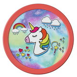 Bunte Einhorn-Lunchbox mit Regenbogen und Herzmotiven, von oben betrachtet