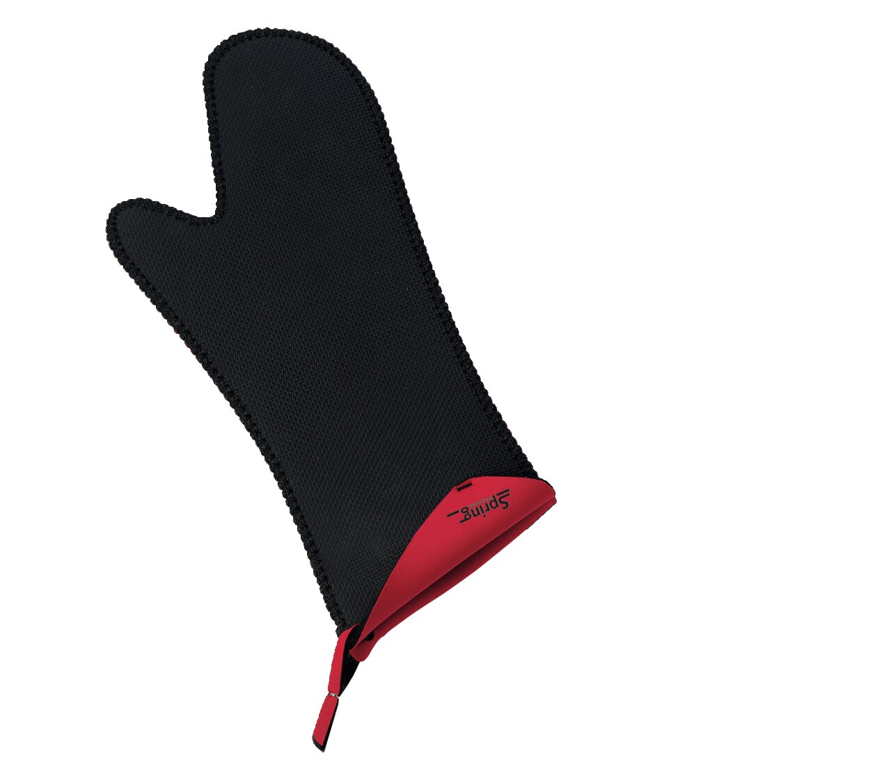 Schwarzer und roter Ofenhandschuh aus der Seitenperspektive