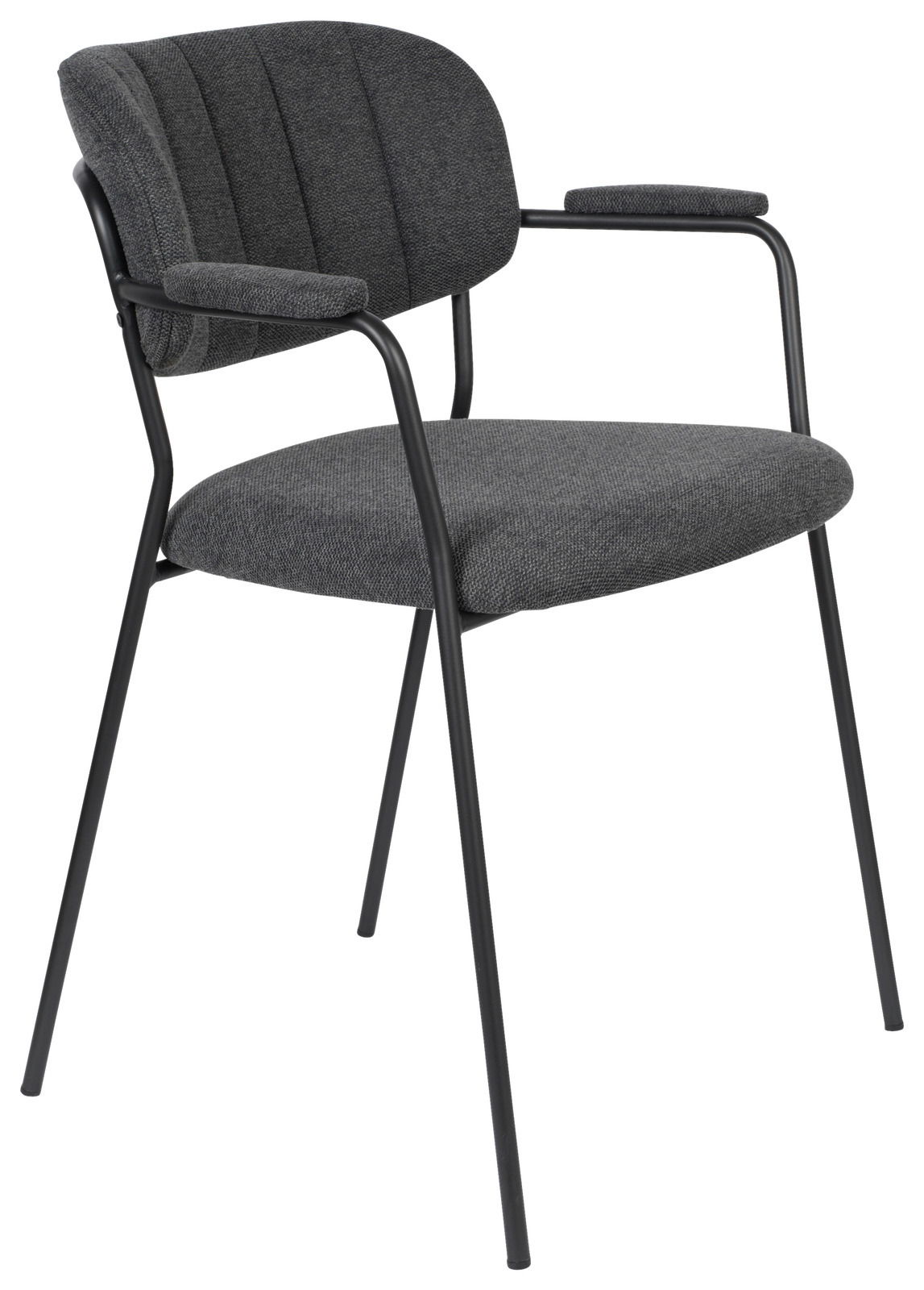 Grauer Armlehnenstuhl JOLIEN mit schwarzem Metallgestell, seitliche Perspektive