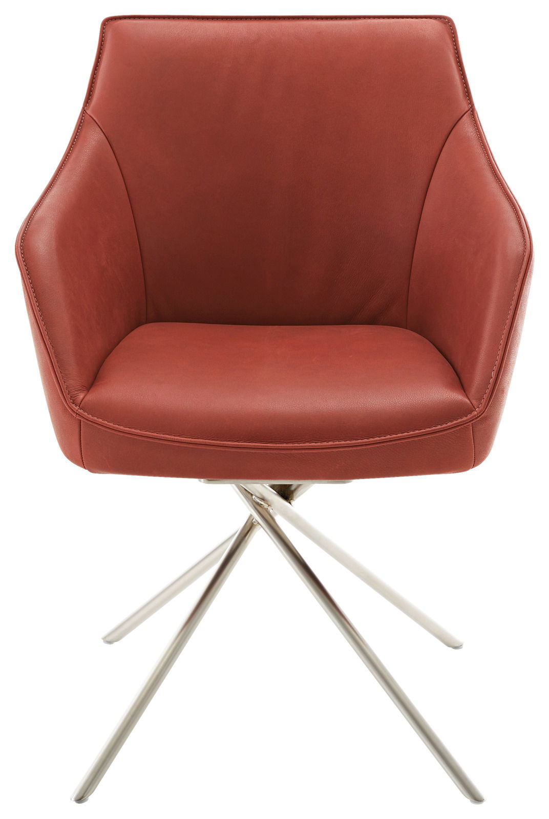 Moderner roter Sessel mit Metallbeinen, Frontalansicht