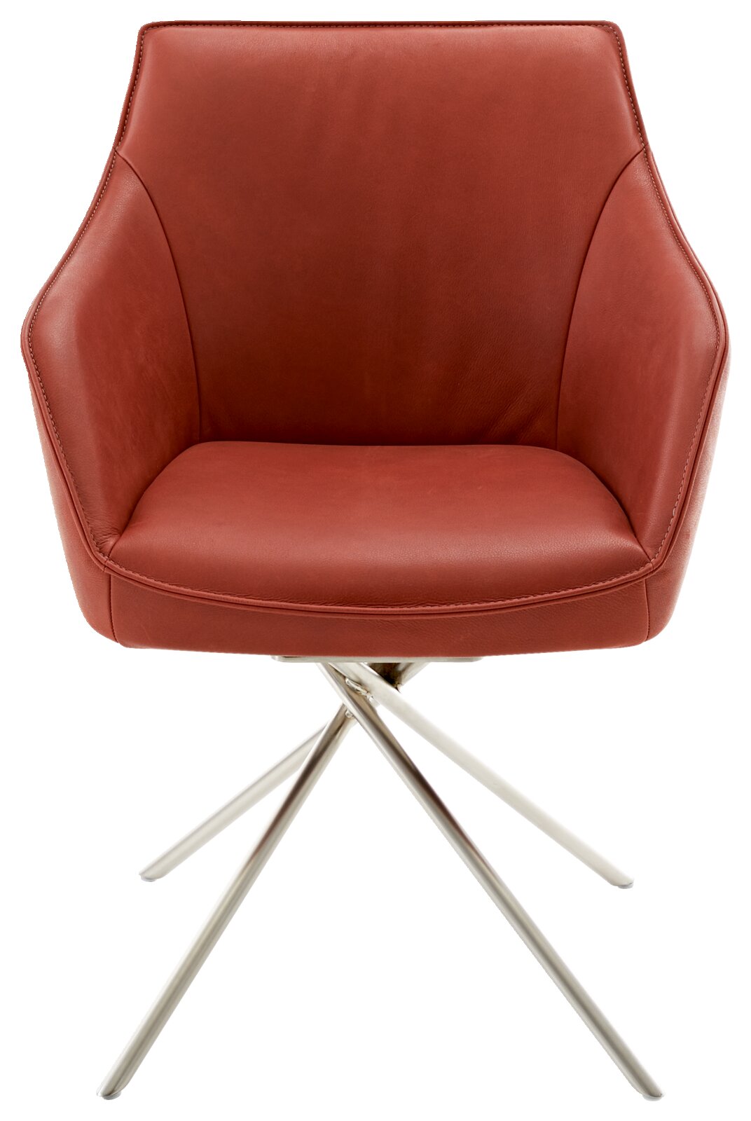 Moderner roter Sessel mit Metallbeinen, Frontalansicht