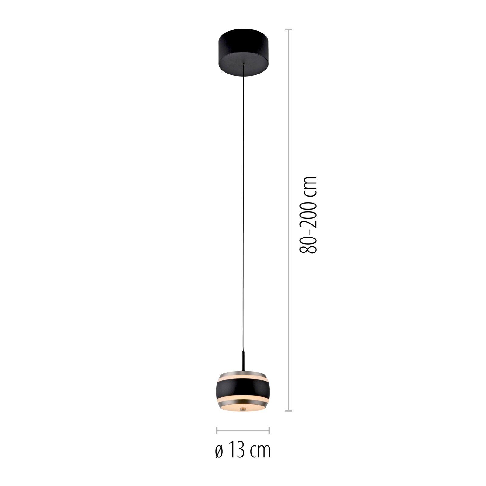 Moderne LED-hanglamp in zwart met een verstelbare hoogte van 80 tot 200 cm, zijaanzicht.