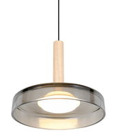 Moderne Pendelleuchte Celeste mit Holz- und Glaselementen, seitliche Perspektive