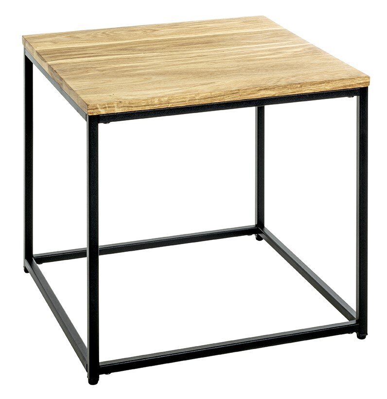 Zurbrüggen Beistelltisch Quadratischer Beistelltisch mit naturfarbener Holzplatte und schwarzem Metallgestell im Industrial-Design, freigestellt auf weißem Hintergrund, Perspektive: leicht schräg von oben/Frontansicht.