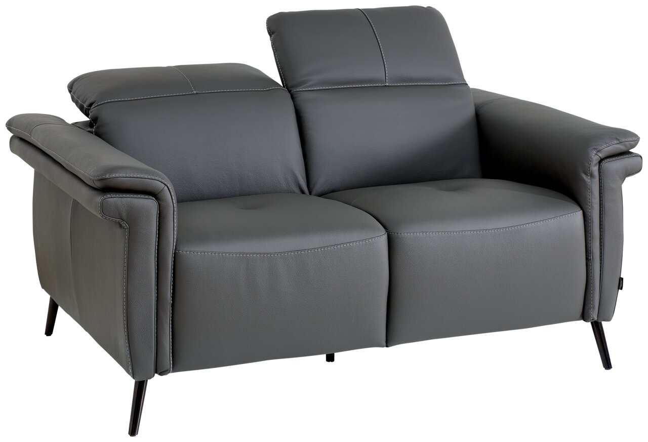 Graues 2-Sitzer-Sofa aus Leder mit verstellbaren Kopfstützen, seitliche Perspektive