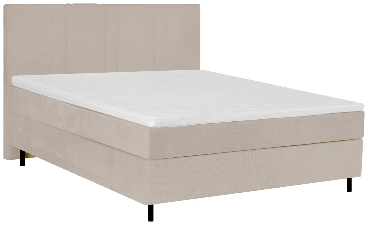 Welnova Boxspringbett PAOLA Beiges Polsterbett mit hohem, vertikal abgestepptem Kopfteil, weißer Matratzenauflage und schwarzen Füßen, aus schräger Vorderansicht