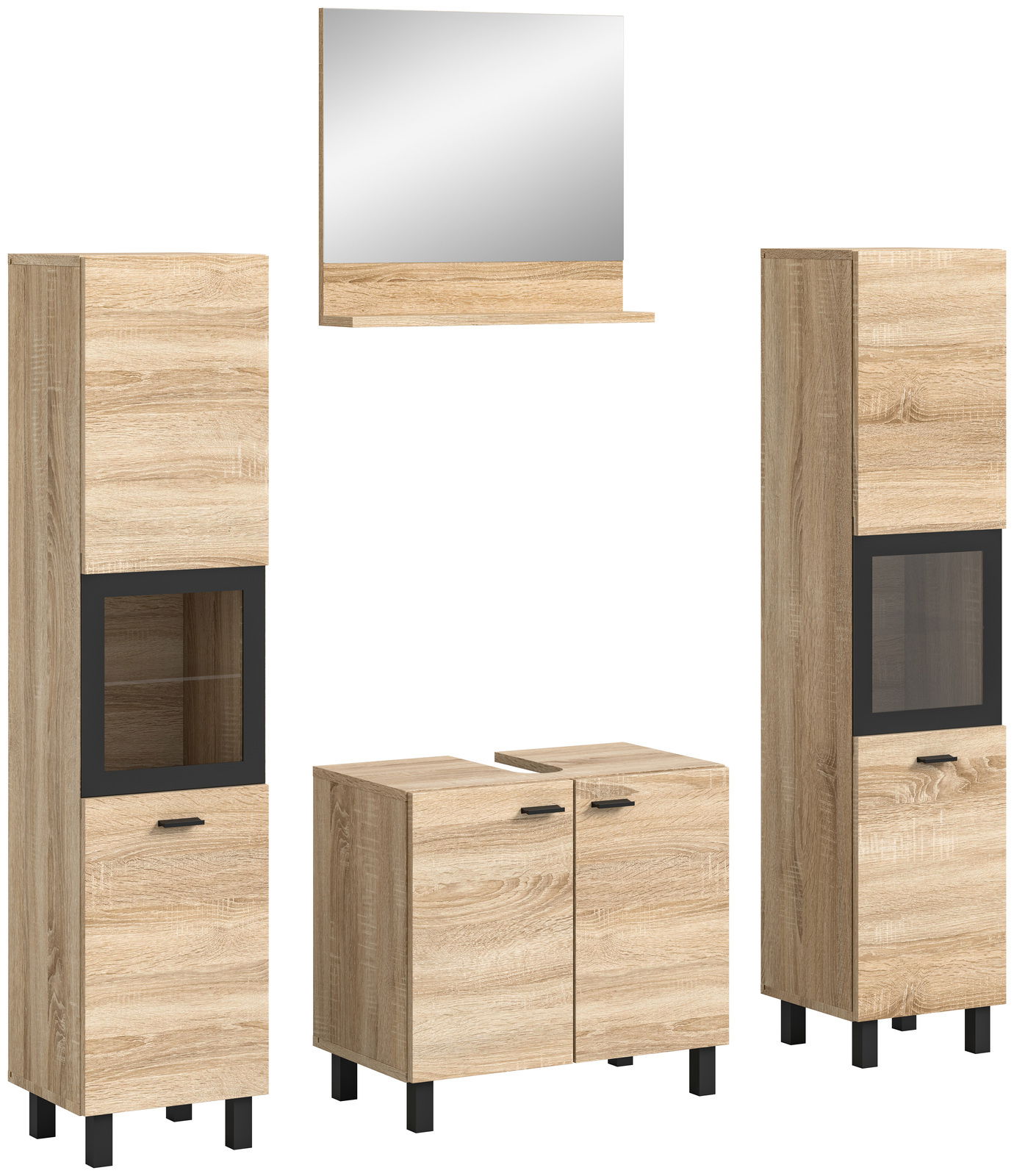 Badezimmermöbel-Set in Holzoptik mit zwei hohen Schränken, einem Waschbeckenunterschrank und einem Spiegel, frontal betrachtet