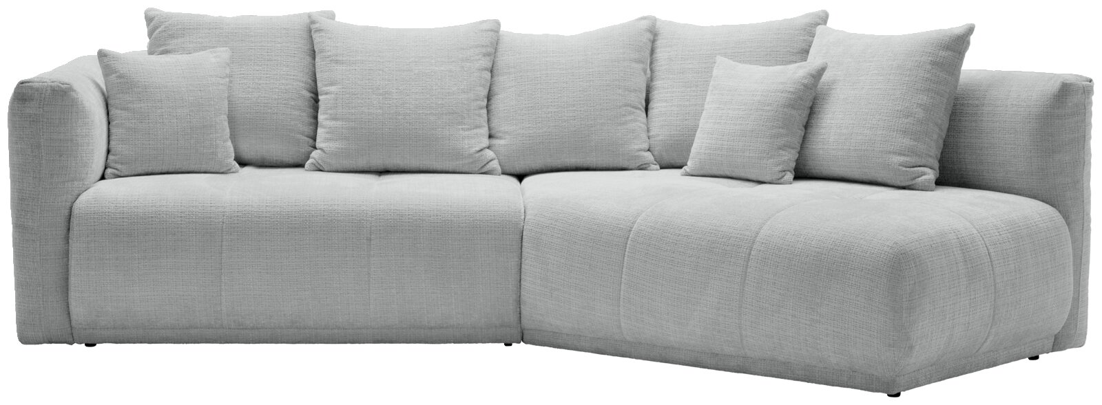 Graues, modernes Rundecksofa mit mehreren Kissen, Ansicht von vorne.