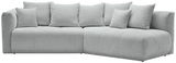 Graues, modernes Rundecksofa mit mehreren Kissen, Ansicht von vorne.