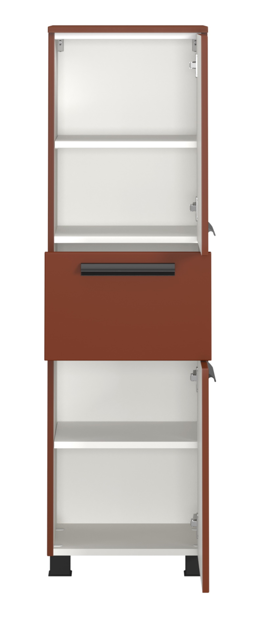 Midischrank in rotbrauner Farbe mit offenen Türen und Schublade, Frontalansicht
