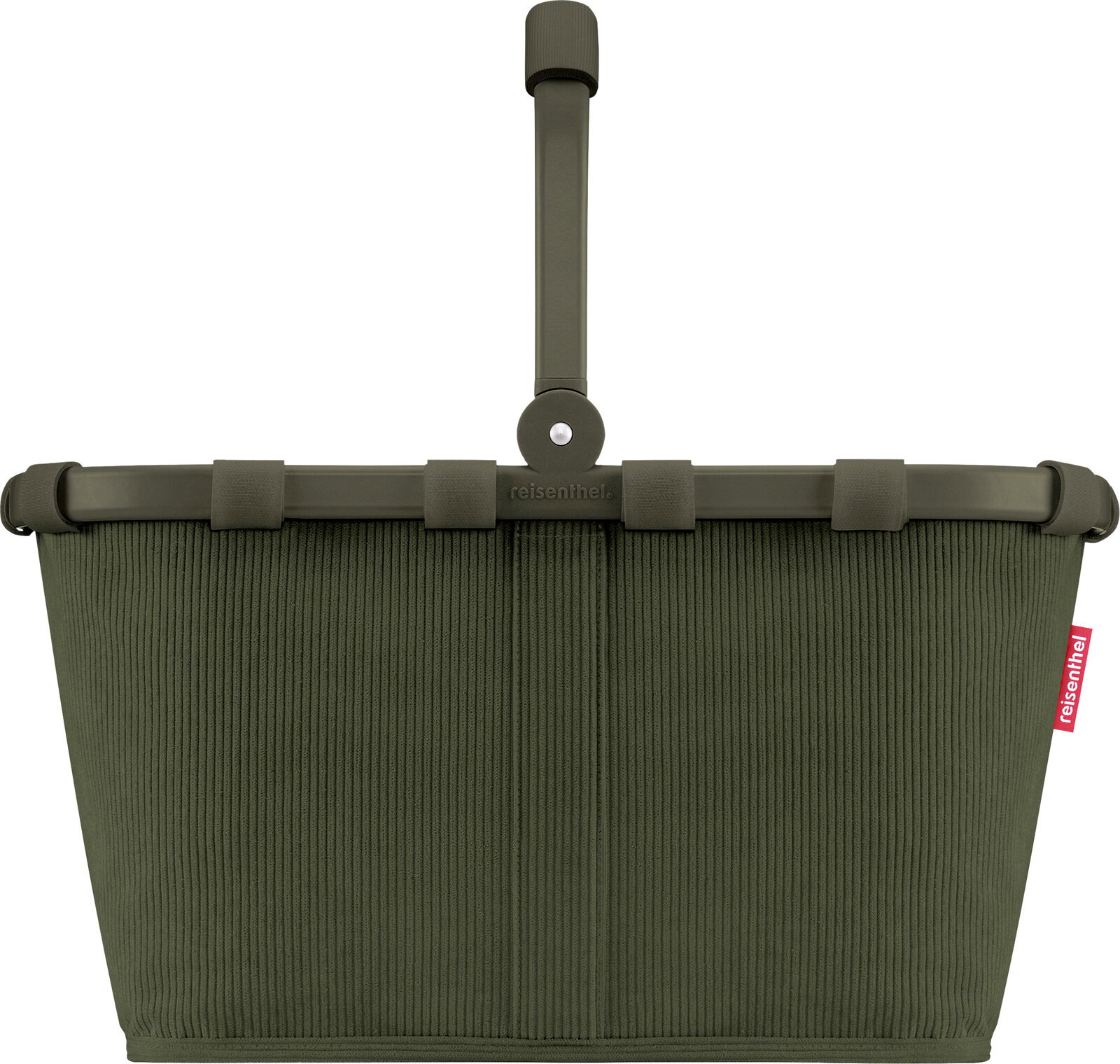 Olivgrüner Einkaufskorb von reisenthel mit gerippter Stoffstruktur und klappbarem Tragegriff, Frontansicht