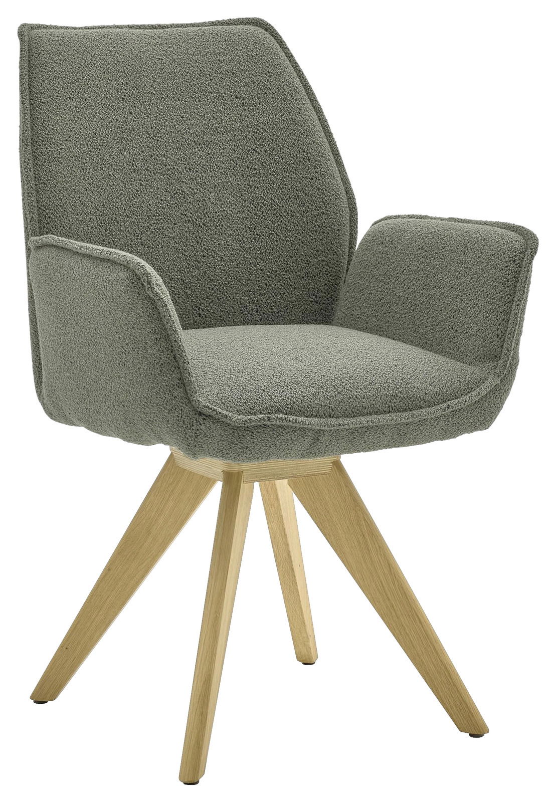 Moderner Armlehnstuhl mit grünem Stoffbezug und Holzbeinen, seitliche Perspektive