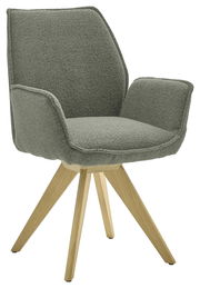 Moderner Armlehnstuhl mit grünem Stoffbezug und Holzbeinen, seitliche Perspektive