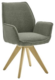 Moderner Armlehnstuhl mit grünem Stoffbezug und Holzbeinen, seitliche Perspektive