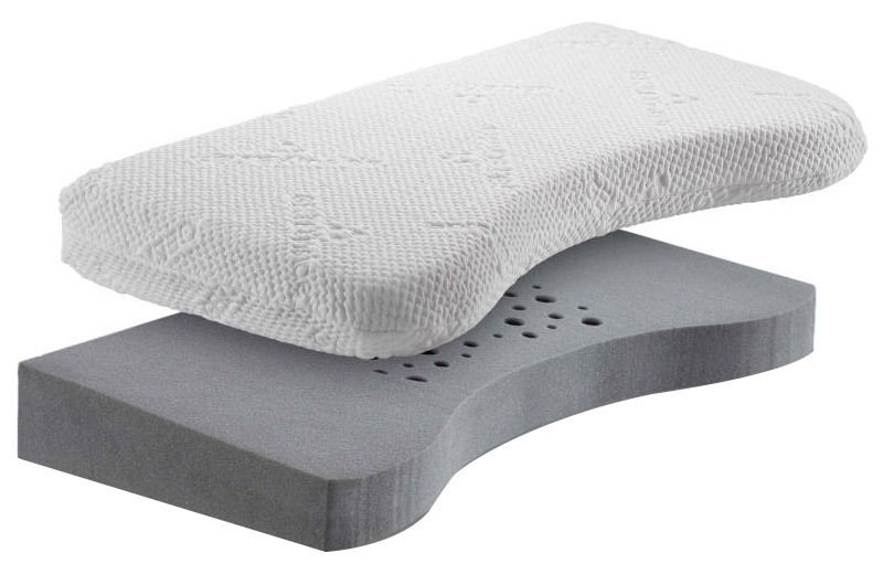 Seitliche Ansicht eines zweiteiligen Kissens mit einer weißen, strukturierten Oberfläche und einer grauen, perforierten Basis.
