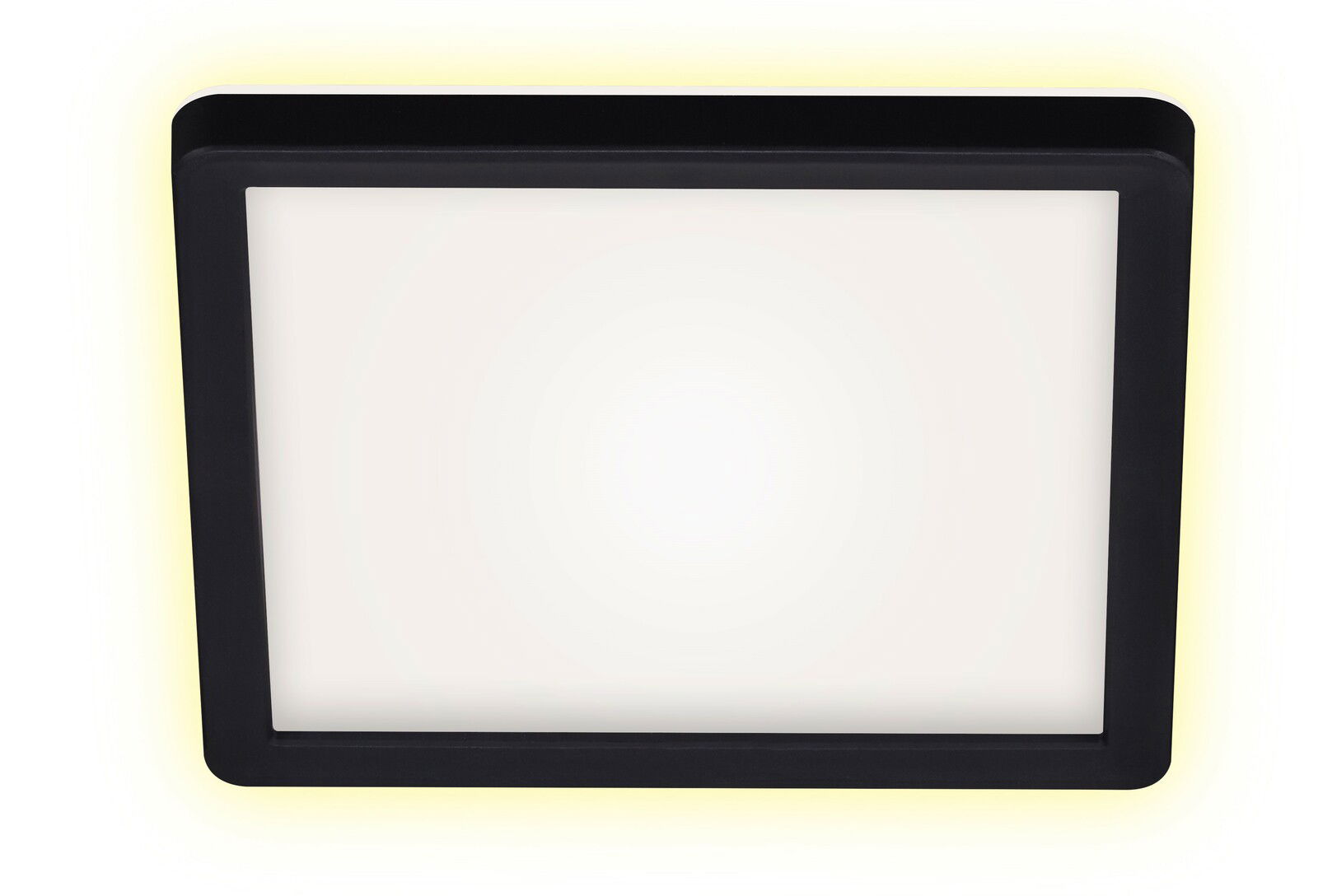 Quadratische LED-Deckenleuchte mit schwarzem Rahmen, Ansicht von unten