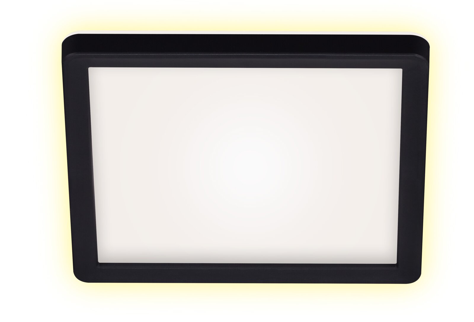 Vierkante led-plafondlamp met zwart frame, gezien van onderaf