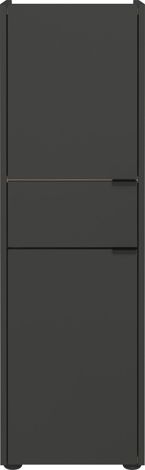 Moderner, dunkelgrauer Schrank mit minimalistischen Griffen, Frontalansicht.