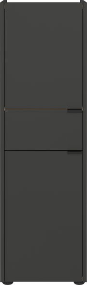 Moderner, dunkelgrauer Schrank mit minimalistischen Griffen, Frontalansicht.