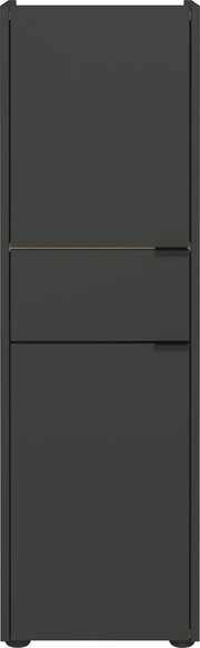 Moderner, dunkelgrauer Schrank mit minimalistischen Griffen, Frontalansicht.