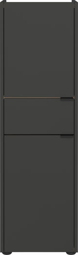Moderner, dunkelgrauer Schrank mit minimalistischen Griffen, Frontalansicht.