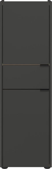 Moderner, dunkelgrauer Schrank mit minimalistischen Griffen, Frontalansicht.