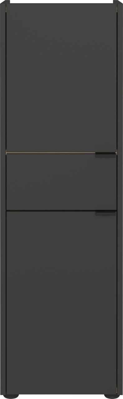 Moderner, dunkelgrauer Schrank mit minimalistischen Griffen, Frontalansicht.