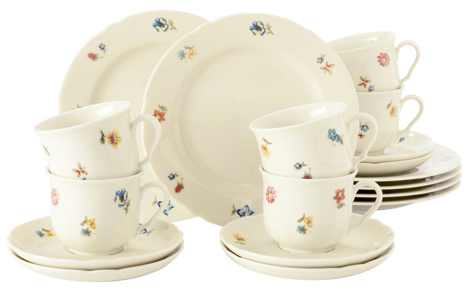Kaffeeset Marie-Luise 18-tlg. mit floralem Muster, bestehend aus Tassen, Untertassen und Tellern, seitliche Perspektive