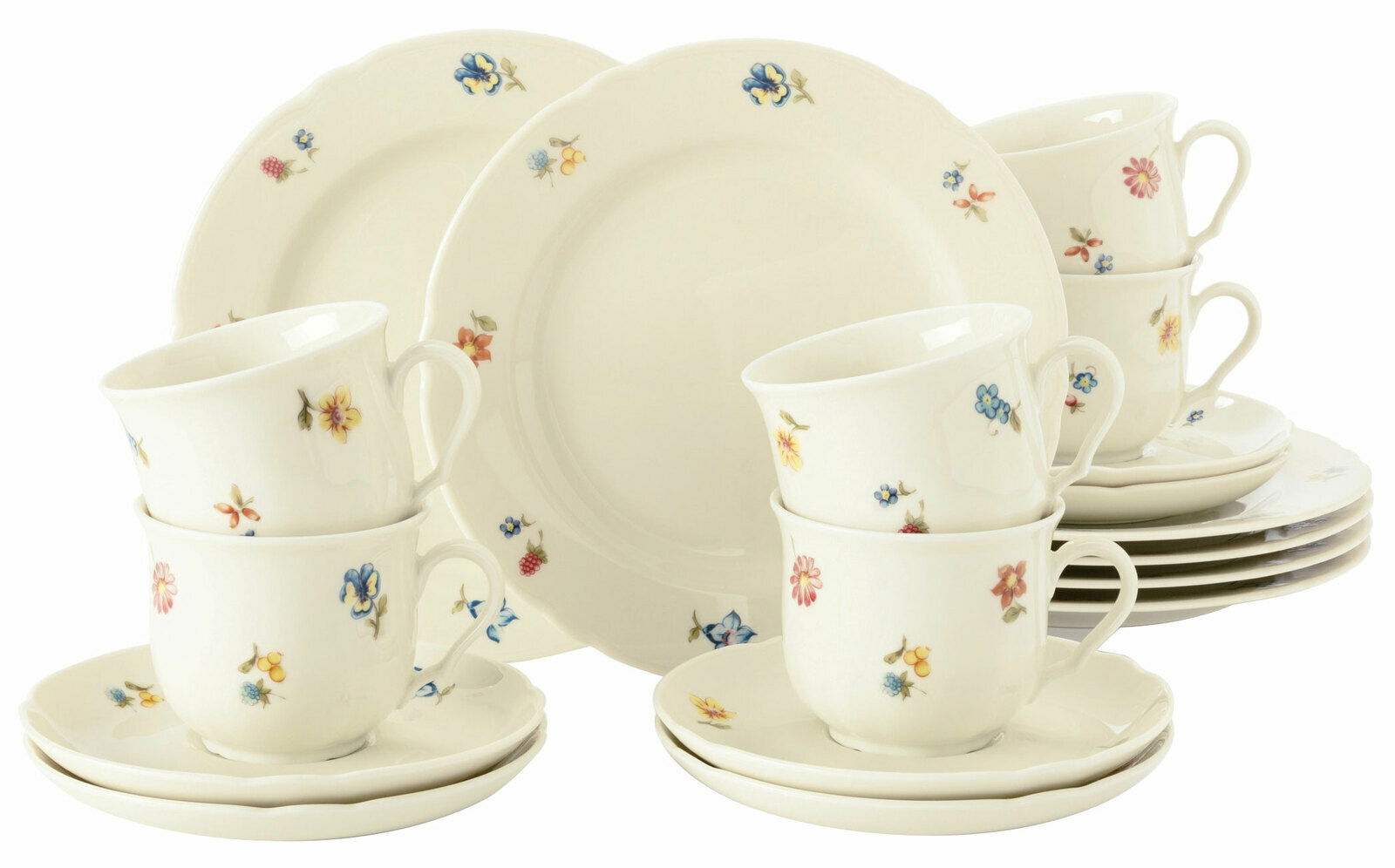 Kaffeeset Marie-Luise 18-tlg. mit floralem Muster, bestehend aus Tassen, Untertassen und Tellern, seitliche Perspektive