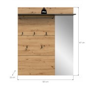 Garderobenpaneel in Eiche-Optik mit Ablage und Kleiderstange aus schwarzem Metall, fünf Haken und grauer Seitenblende; Maße 120 x 147 x 29 cm, Belastbarkeit der Ablage 3 kg, Ansicht von vorne.