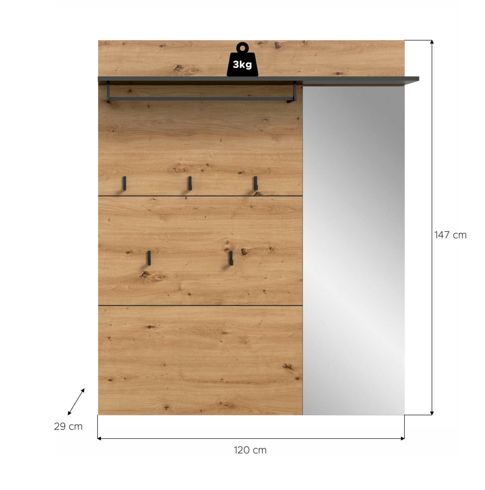Garderobenpaneel in Eiche-Optik mit Ablage und Kleiderstange aus schwarzem Metall, fünf Haken und grauer Seitenblende; Maße 120 x 147 x 29 cm, Belastbarkeit der Ablage 3 kg, Ansicht von vorne.