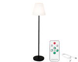 LED Bodenlampe mit weißem Schirm und schwarzem Ständer, inklusive Fernbedienung und USB-Kabel, frontal abgebildet.